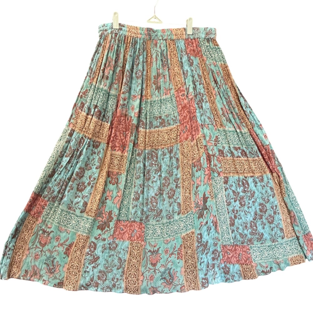 Phool Maxi Skirt Women, One Size Plus Teal Brown Floral Patchwork Boho Rayon